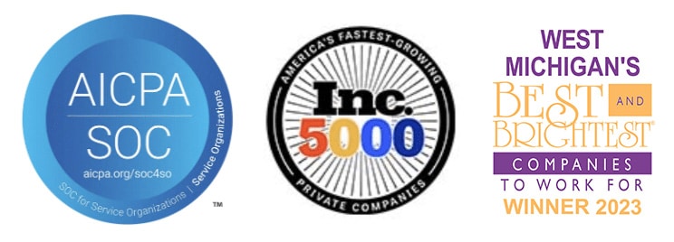 Image of the 2023 Best and Brightest Companies to Work For in West Michigan list, the Inc 5000 badge, and the AICPA SOC badge.