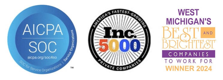Image of the 2024 Best and Brightest Companies to Work For in West Michigan list, the Inc 5000 badge, and the AICPA SOC badge.