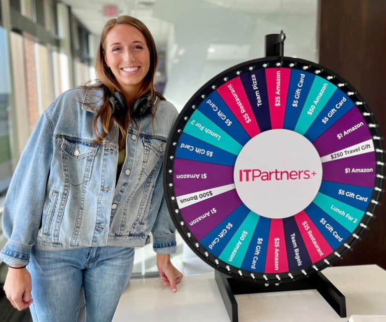 Team at ITPartners+ Spinning a Prize Wheel for Achievements & Team Recognition