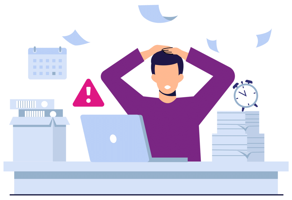 Illustration of a stressed business professional experiencing IT downtime at a cluttered desk with warning icons, floating papers, and a laptop—representing the need for disaster recovery and IT support solutions.