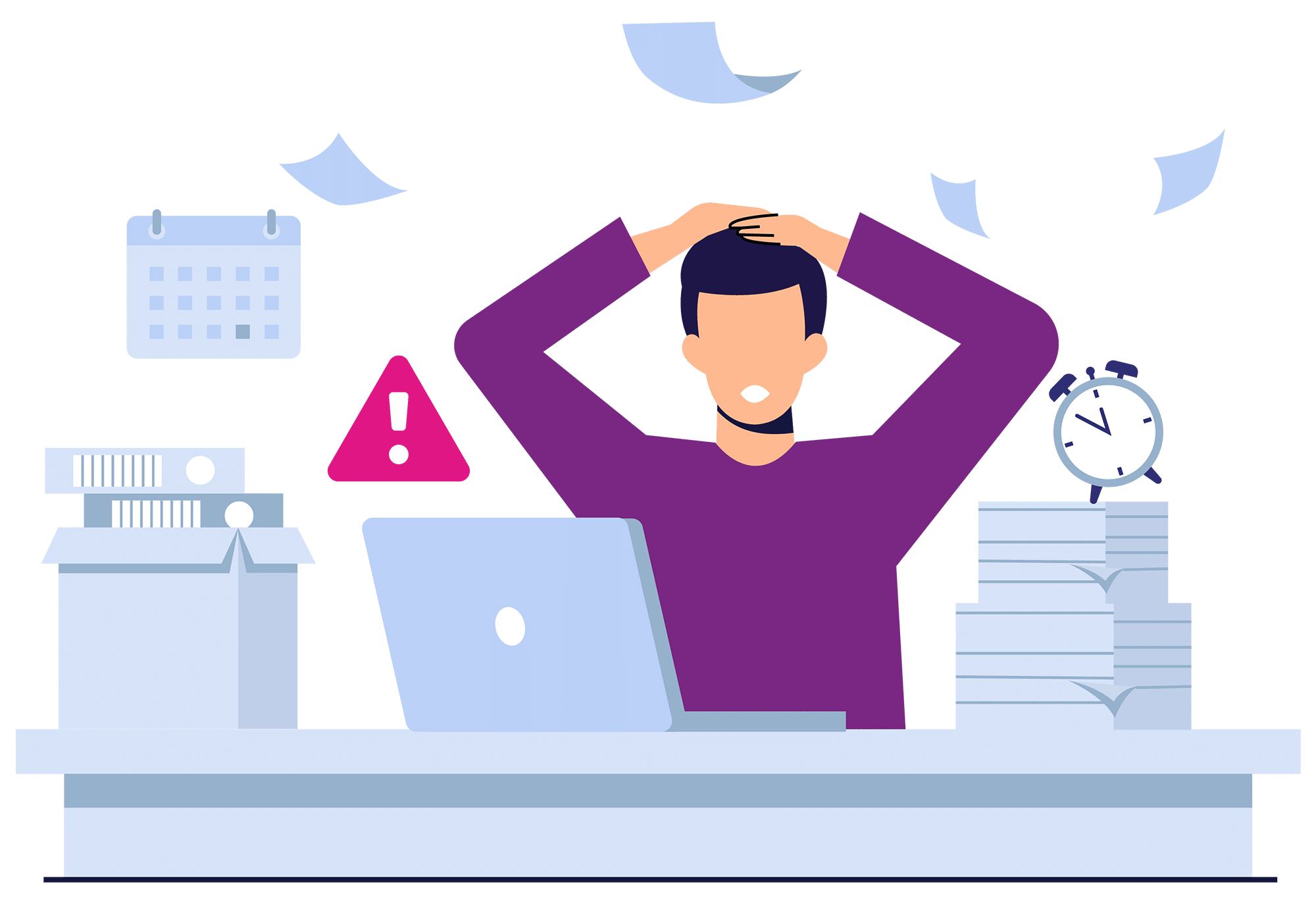 Illustration of a stressed business professional experiencing IT downtime at a cluttered desk with warning icons, floating papers, and a laptop—representing the need for disaster recovery and IT support solutions.